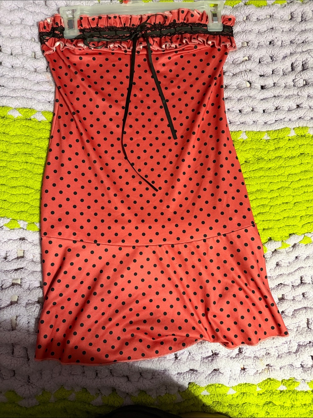 Lost Coral Red Polka Dot Strapless Mini Dress with Black Dots